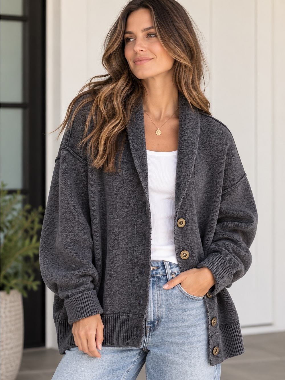 Free People Chamomile Cardigan Grey Cotton Oversized Sweater S